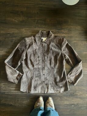 70s Ami Button-Front Suede Shirt Jacket - Brown